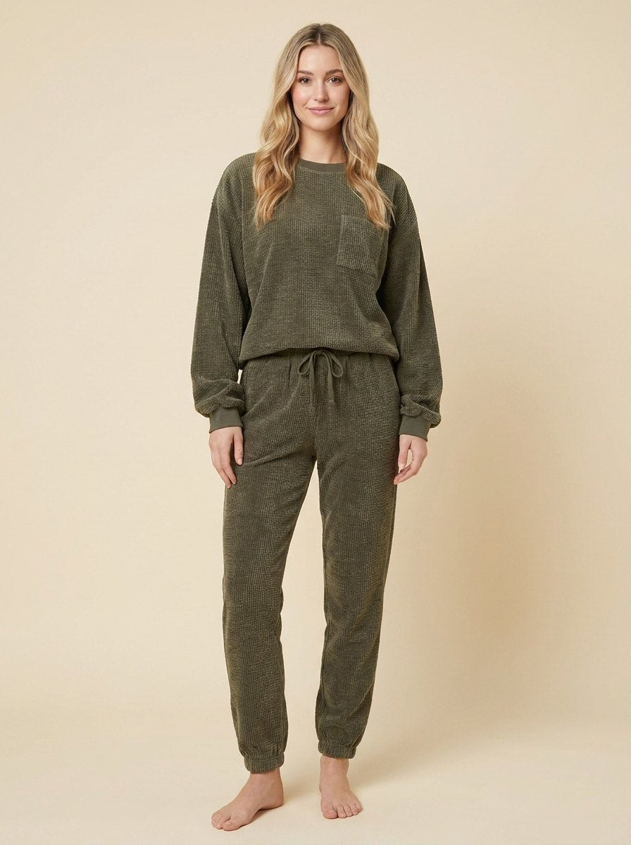 Women's Two-Piece Corduroy Set, Round-Neck Top and Trousers