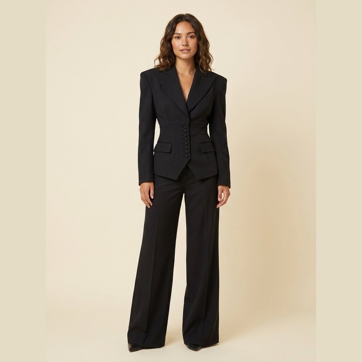 Women's Tailored Suit Set with Fitted Blazer and Wide Pleated Pants