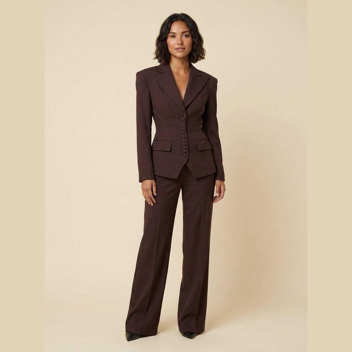 Women's Tailored Suit Set with Fitted Blazer and Wide Pleated Pants