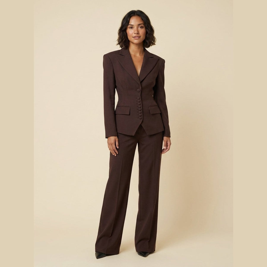 Women's Tailored Suit Set with Fitted Blazer and Wide Pleated Pants