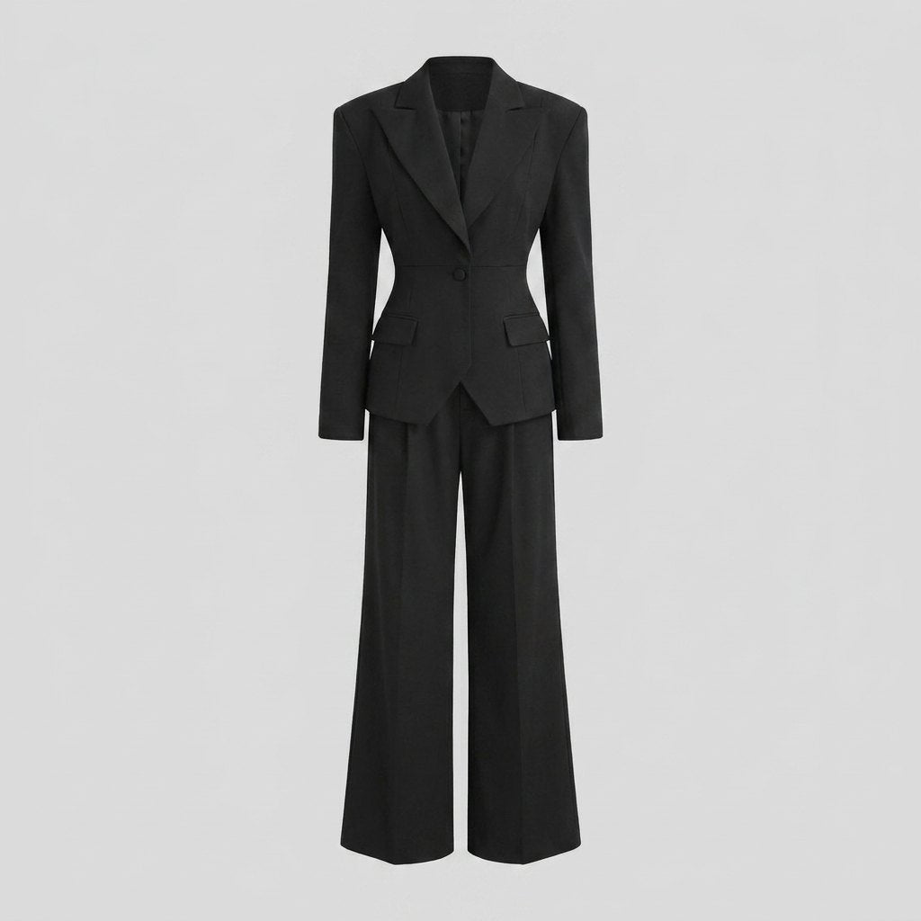 Women's Tailored Suit Set with Fitted Blazer and Wide Pleated Pants