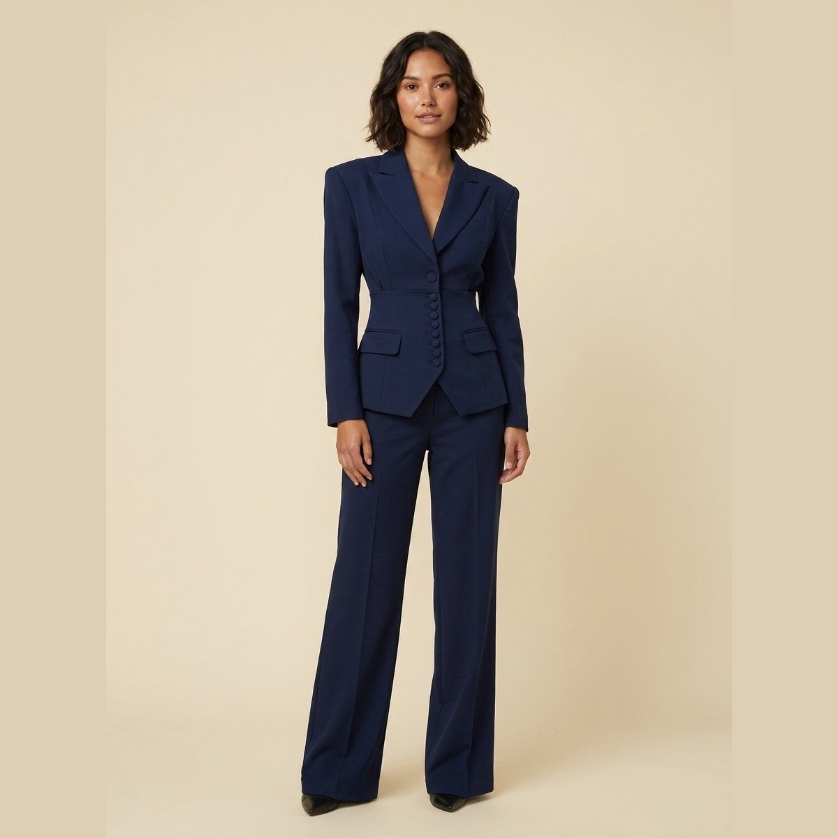 Women's Tailored Suit Set with Fitted Blazer and Wide Pleated Pants
