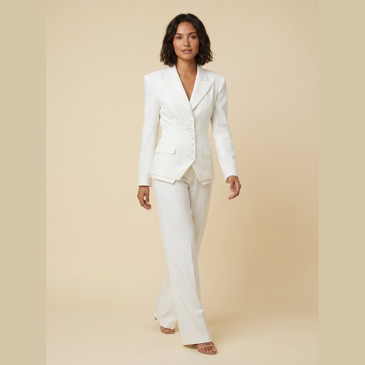 Women's Tailored Suit Set with Fitted Blazer and Wide Pleated Pants