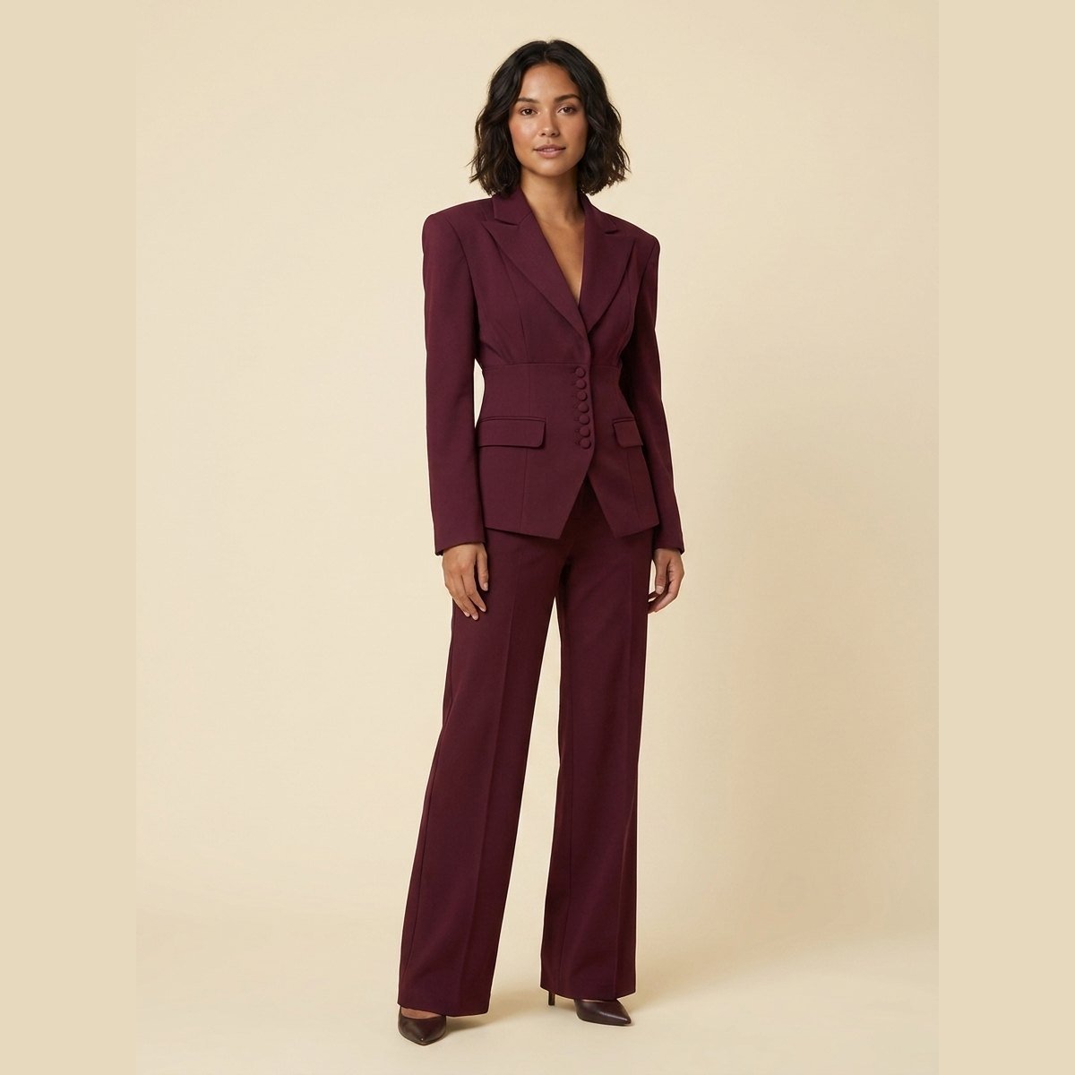 Women's Tailored Suit Set with Fitted Blazer and Wide Pleated Pants