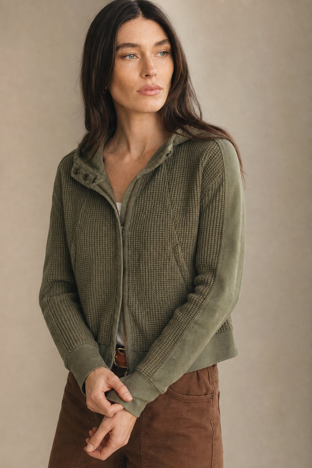 Women's Cropped Waffle Knit Hoodie with Full Zip and Button Collar