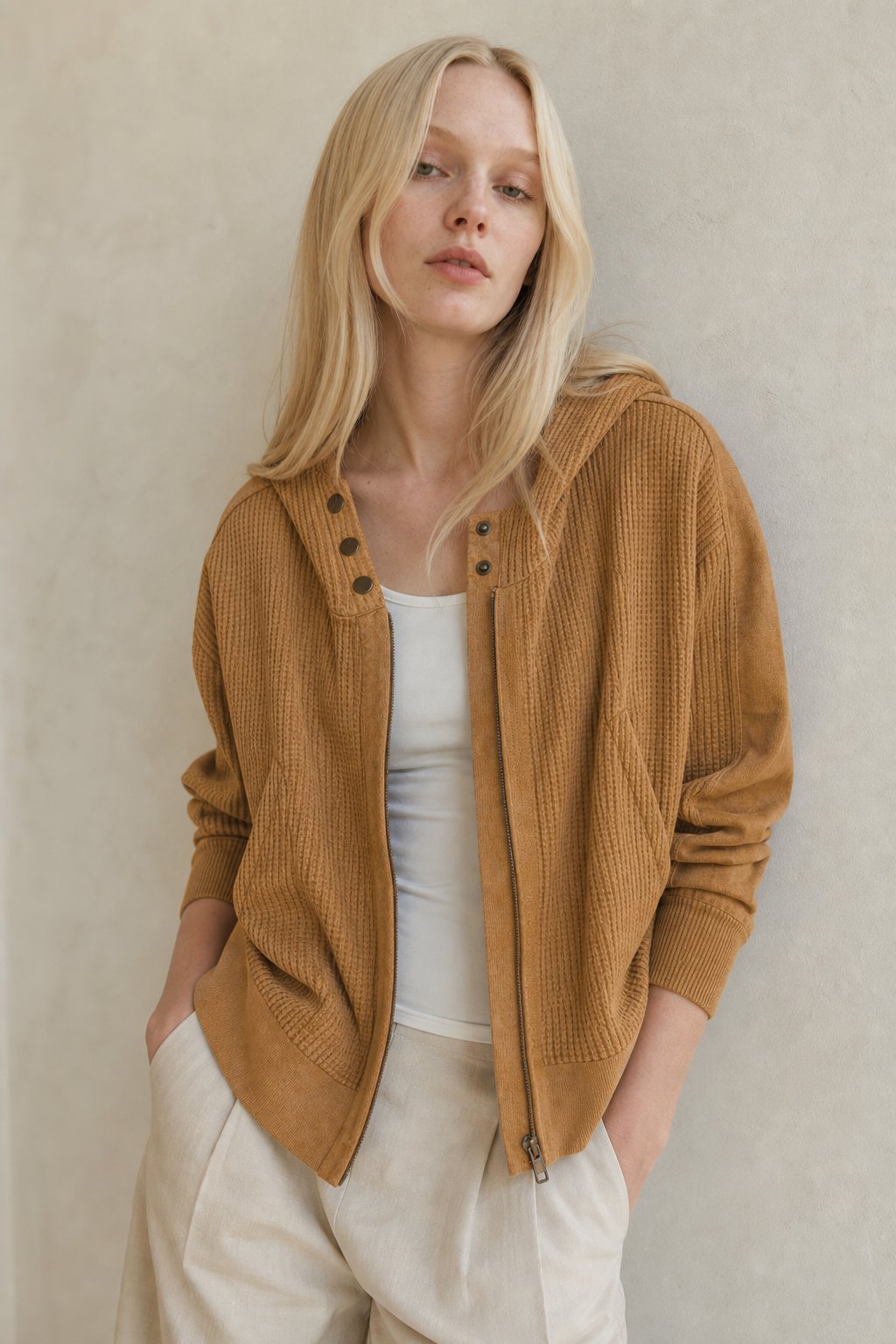 Women's Cropped Waffle Knit Hoodie with Full Zip and Button Collar