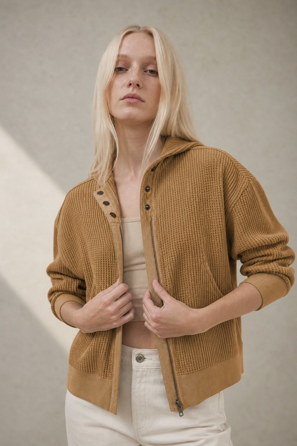 Women's Cropped Waffle Knit Hoodie with Full Zip and Button Collar
