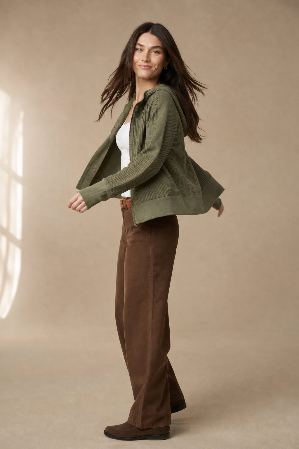 Women's Cropped Waffle Knit Hoodie with Full Zip and Button Collar
