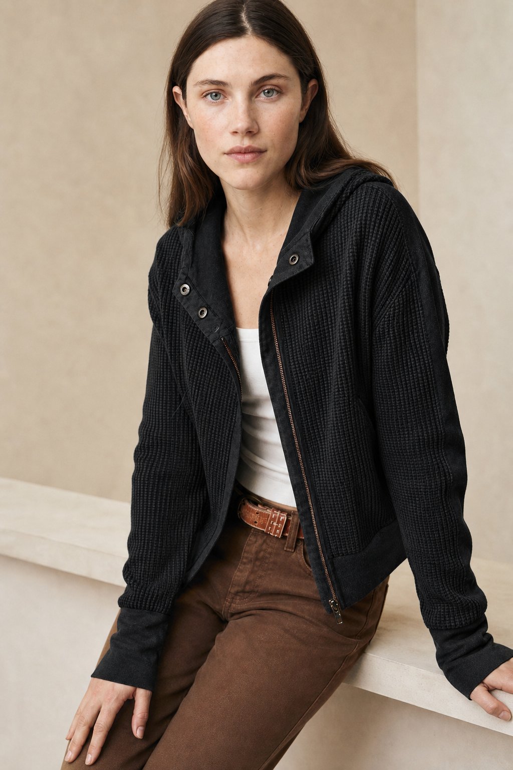 Women's Cropped Waffle Knit Hoodie with Full Zip and Button Collar