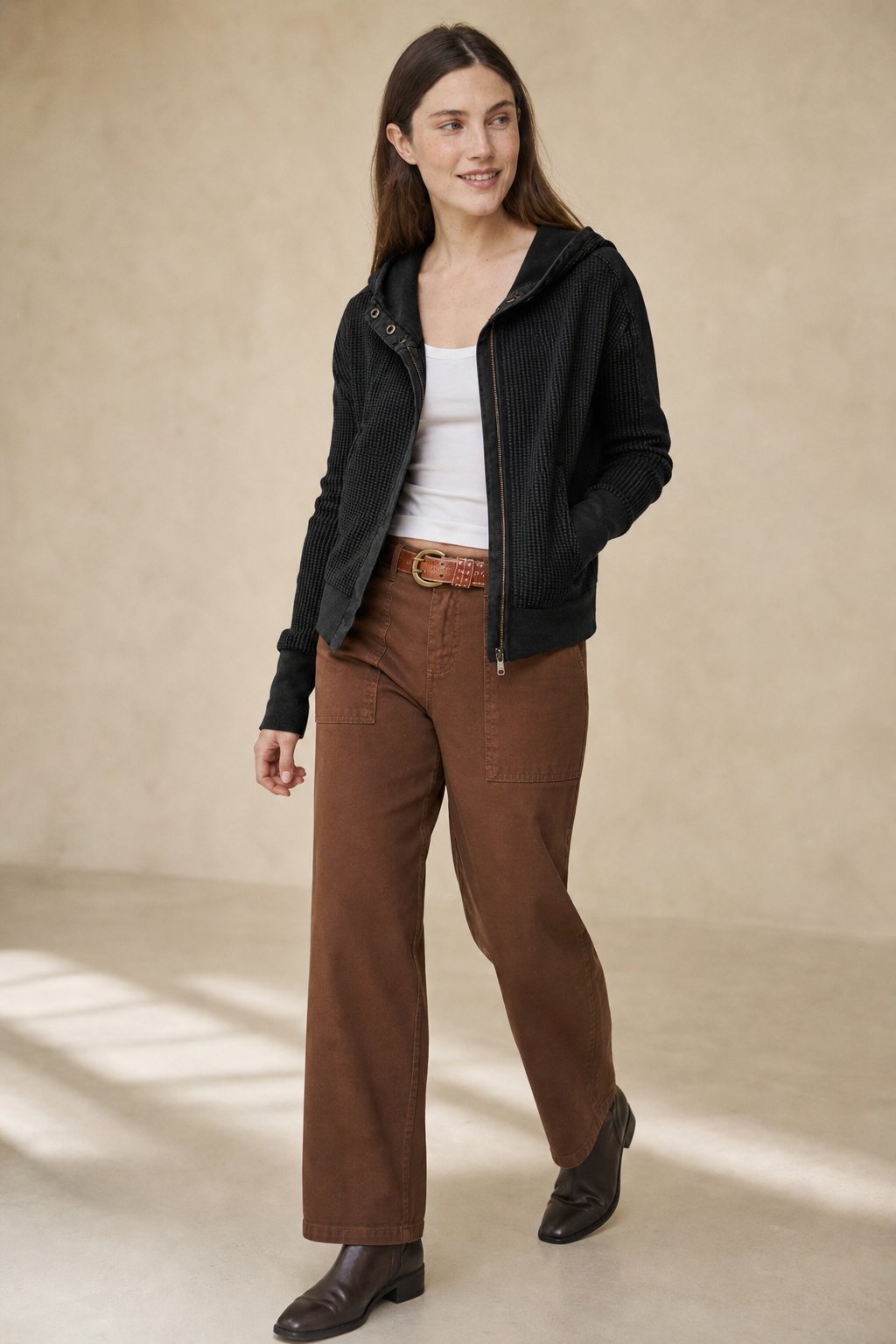 Women's Cropped Waffle Knit Hoodie with Full Zip and Button Collar