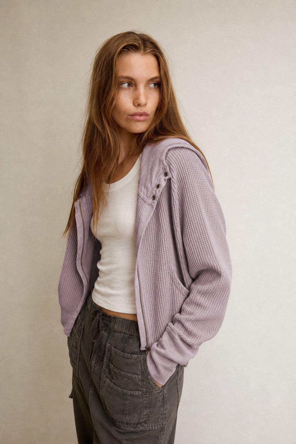 Women's Cropped Waffle Knit Hoodie with Full Zip and Button Collar