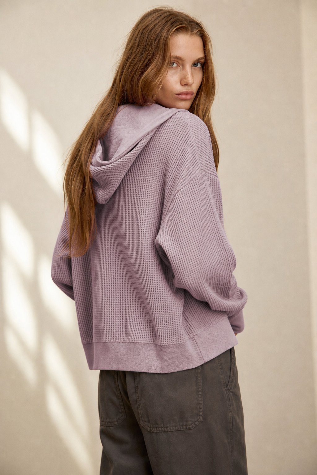 Women's Cropped Waffle Knit Hoodie with Full Zip and Button Collar