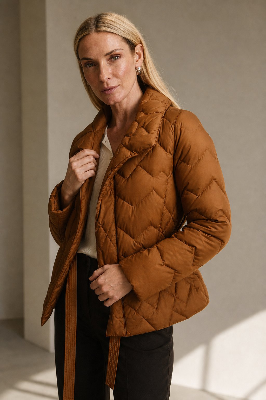 Women's Quilted Wrap Jacket with Tie Belt and Wide Lapel