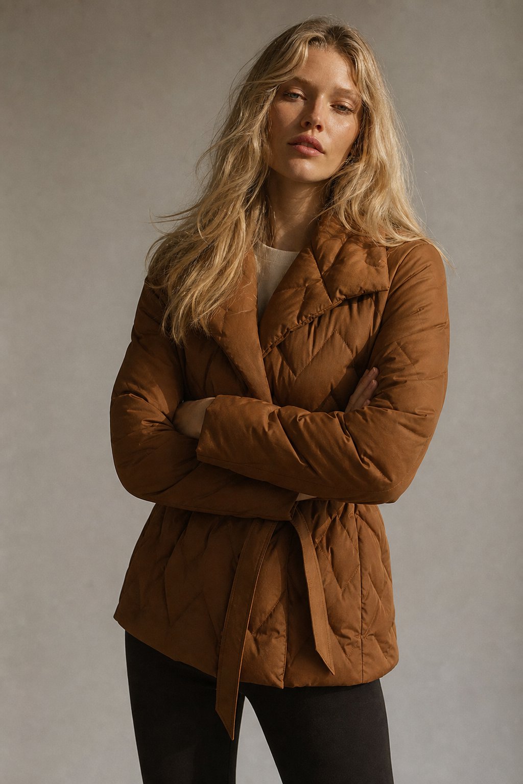 Women's Quilted Wrap Jacket with Tie Belt and Wide Lapel