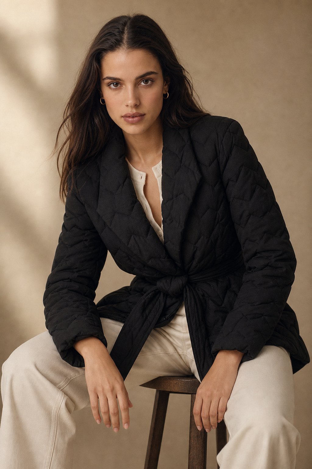 Women's Quilted Wrap Jacket with Tie Belt and Wide Lapel