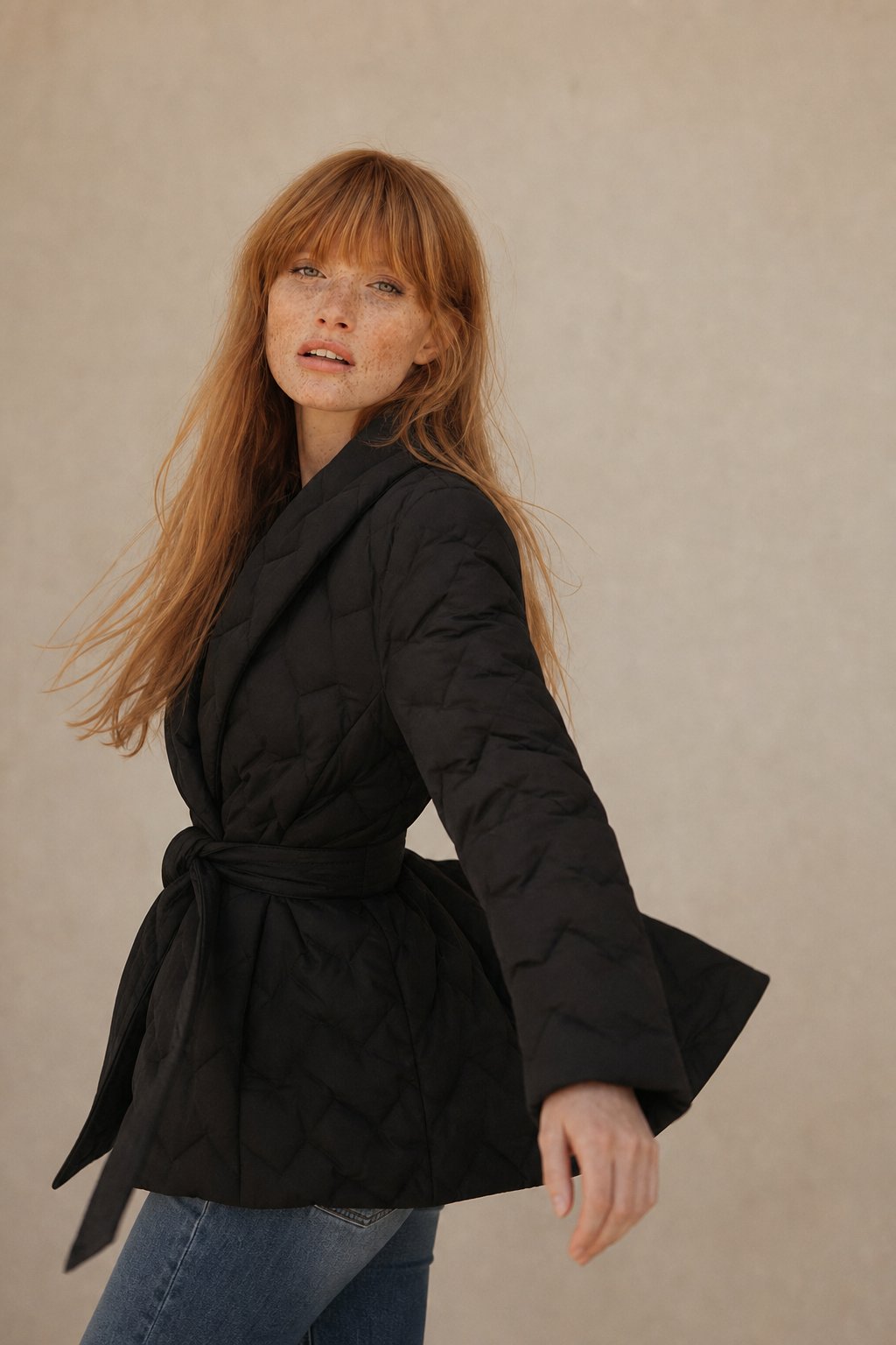 Women's Quilted Wrap Jacket with Tie Belt and Wide Lapel