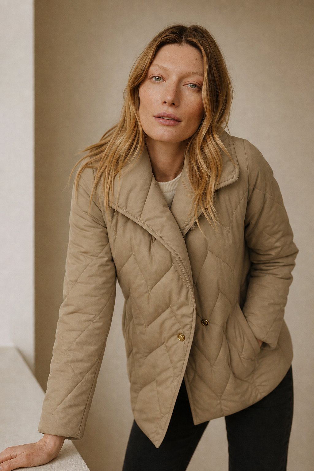 Women's Quilted Wrap Jacket with Tie Belt and Wide Lapel