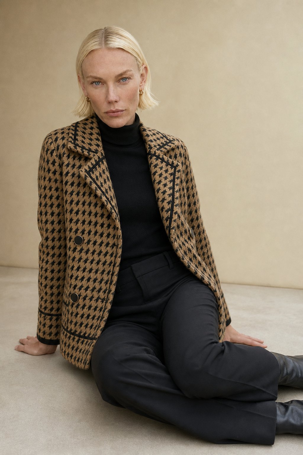 Women's Houndstooth Knit Jacket with Double Breasted Button Front