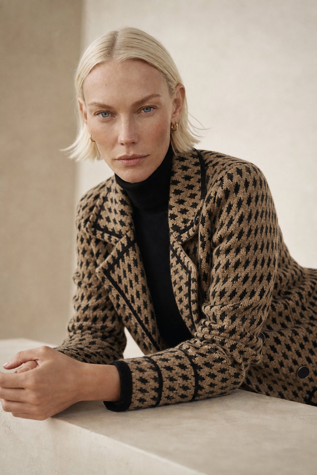 Women's Houndstooth Knit Jacket with Double Breasted Button Front