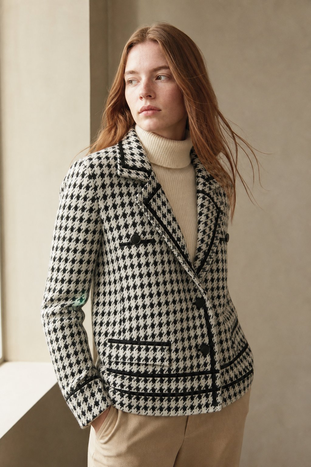Women's Houndstooth Knit Jacket with Double Breasted Button Front
