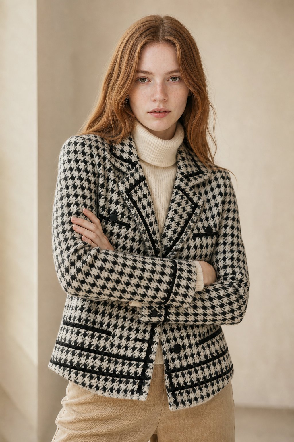 Women's Houndstooth Knit Jacket with Double Breasted Button Front