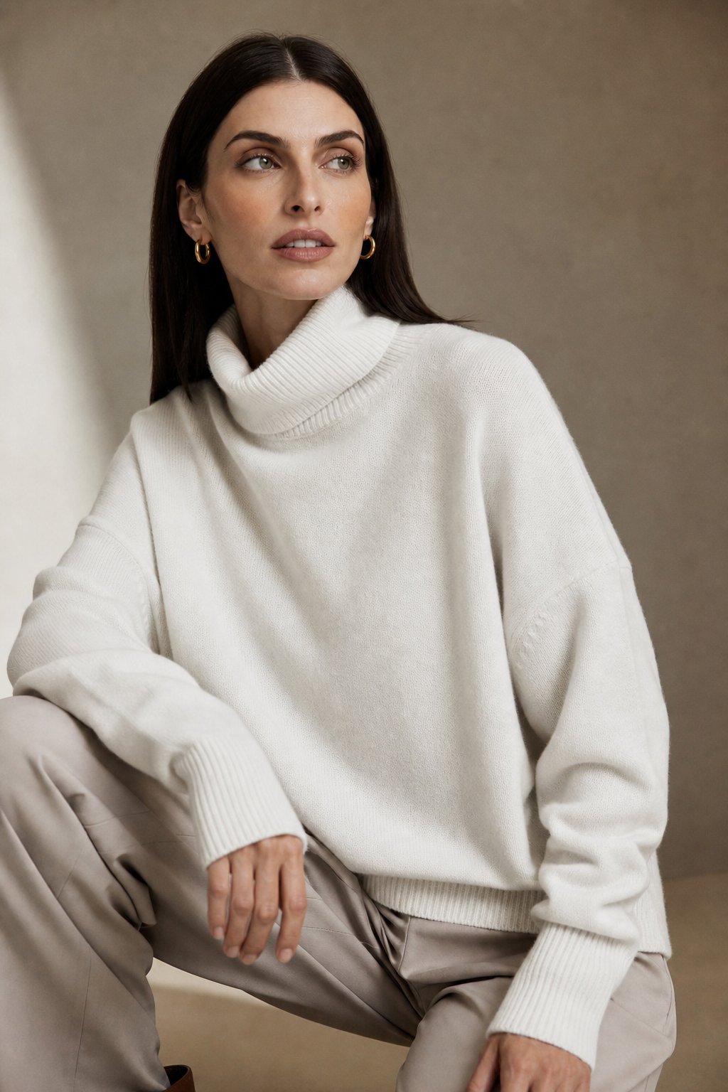 Women's Turtleneck Sweater with Long Sleeves and Drop Shoulders