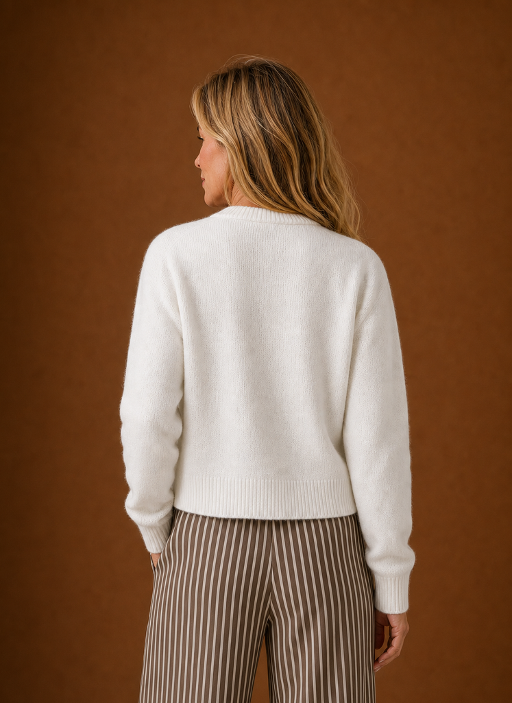 Women's Crew Neck Knit Cardigan with Button Front and Ribbed Details