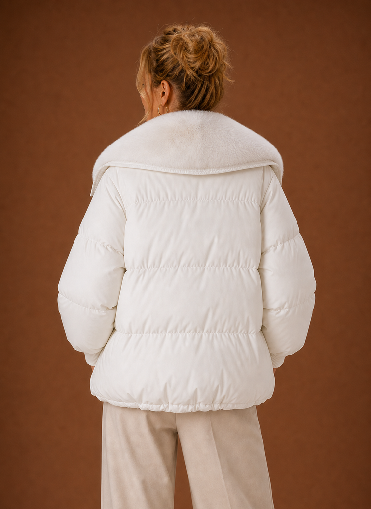 Women's Quilted Puffer Coat with Faux Fur Collar and Waist Toggles