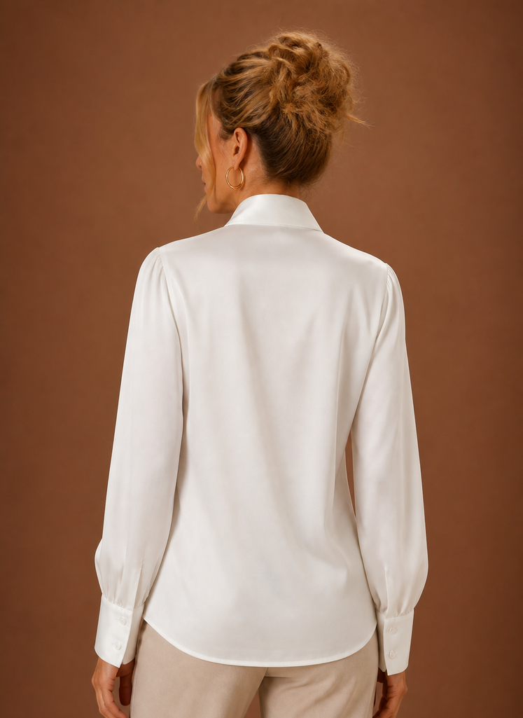 Women's Satin Blouse with Bow Tie Neck and Long Cuff Sleeves