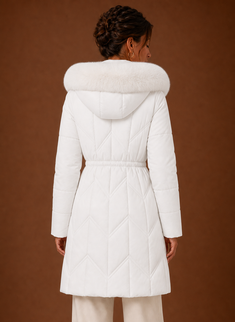 Women's Long Puffer Coat with Faux Fur Trim Hood and Drawstring Waist