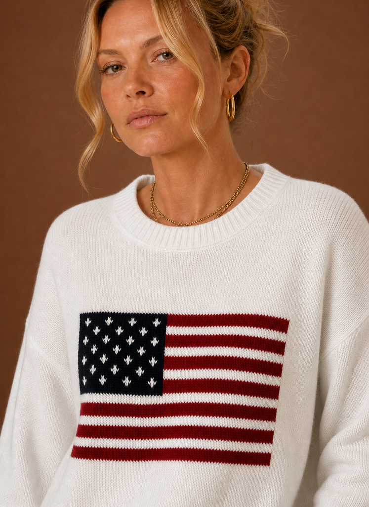 Women's American Flag Crew Neck Pullover Knit Sweater with Long Sleeves