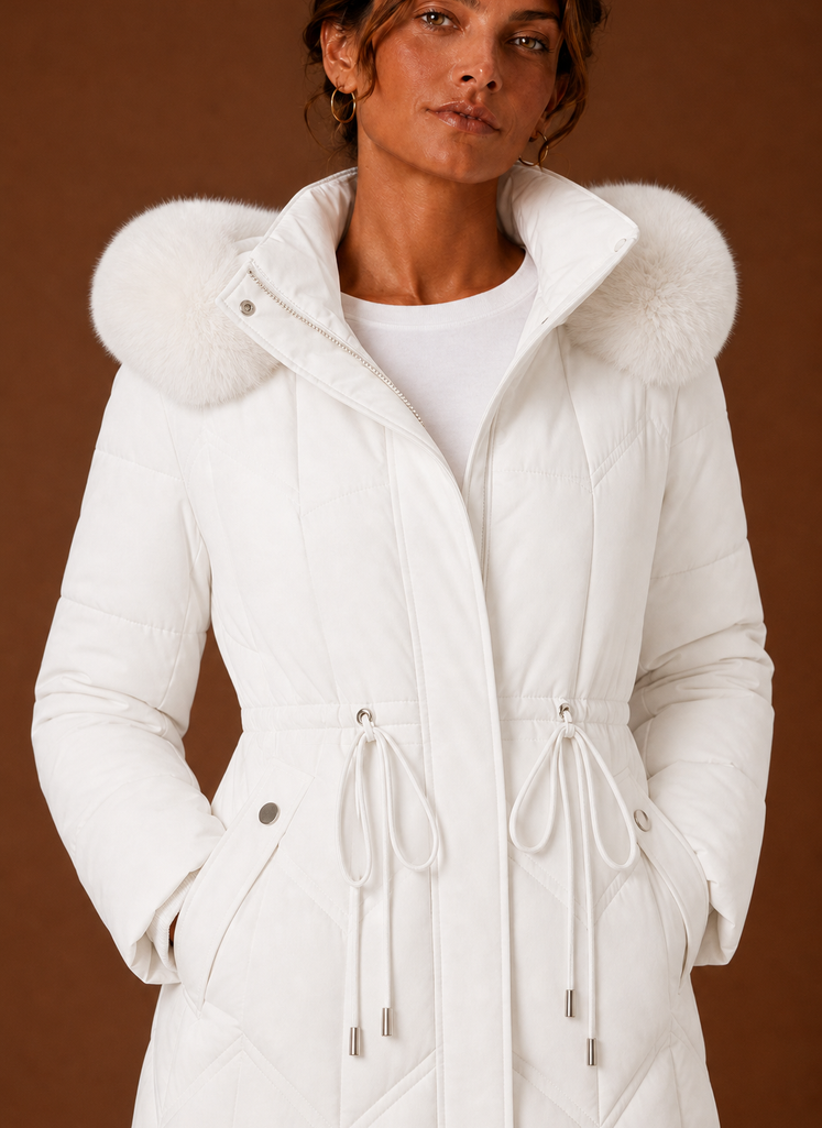 Women's Long Puffer Coat with Faux Fur Trim Hood and Drawstring Waist