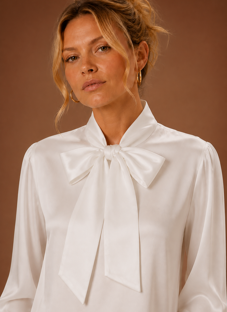 Women's Satin Blouse with Bow Tie Neck and Long Cuff Sleeves
