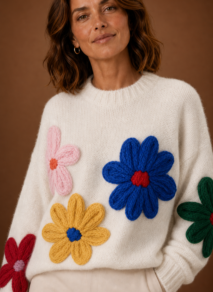 Women's Oversized Floral Knit Pullover Sweater with Crew Neck and Long Sleeves