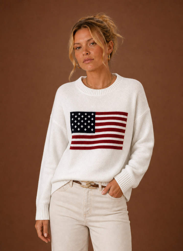 Women's American Flag Crew Neck Pullover Knit Sweater with Long Sleeves