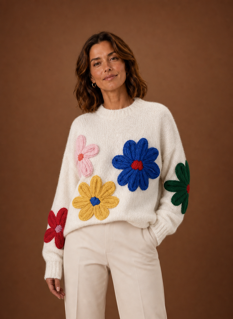 Women's Oversized Floral Knit Pullover Sweater with Crew Neck and Long Sleeves