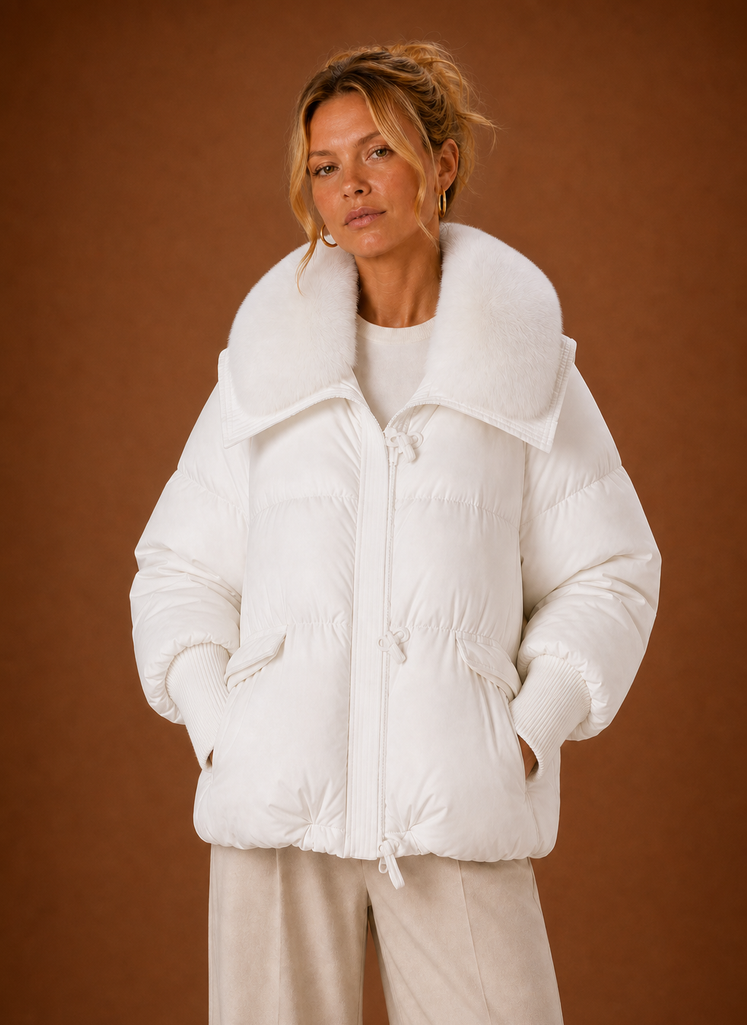 Women's Quilted Puffer Coat with Faux Fur Collar and Waist Toggles