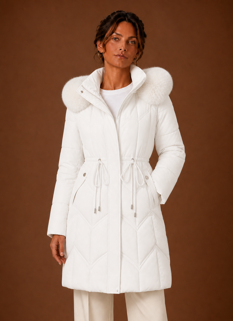 Women's Long Puffer Coat with Faux Fur Trim Hood and Drawstring Waist
