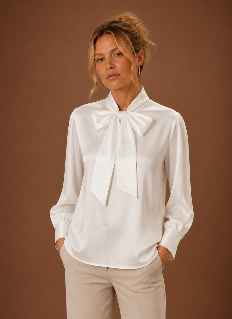Women's Satin Blouse with Bow Tie Neck and Long Cuff Sleeves