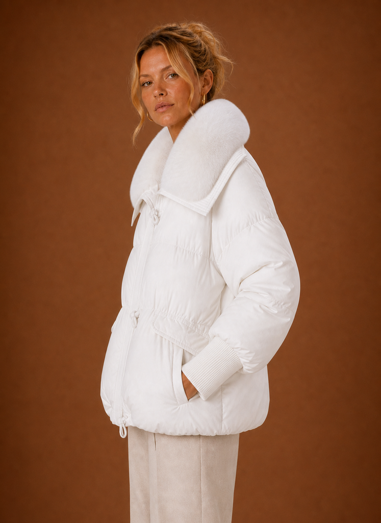 Women's Quilted Puffer Coat with Faux Fur Collar and Waist Toggles