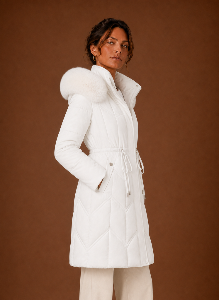 Women's Long Puffer Coat with Faux Fur Trim Hood and Drawstring Waist