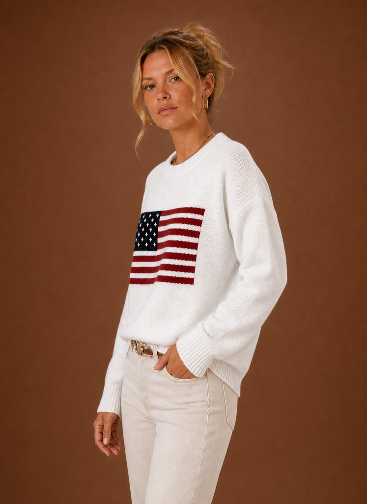 Women's American Flag Crew Neck Pullover Knit Sweater with Long Sleeves