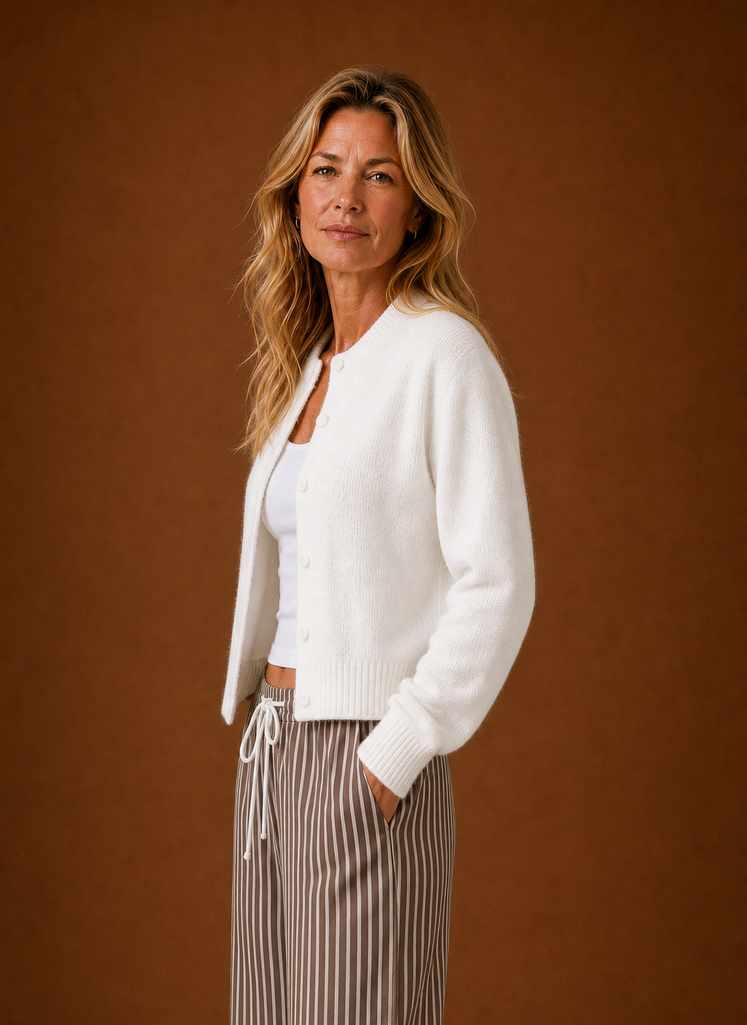 Women's Crew Neck Knit Cardigan with Button Front and Ribbed Details