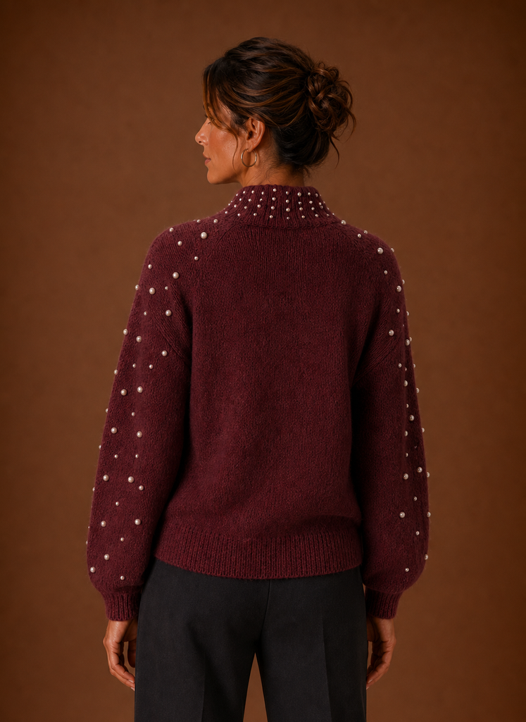 Women's Pearl Embellished Knit Pullover Sweater with Mock Neck and Ribbed Hem