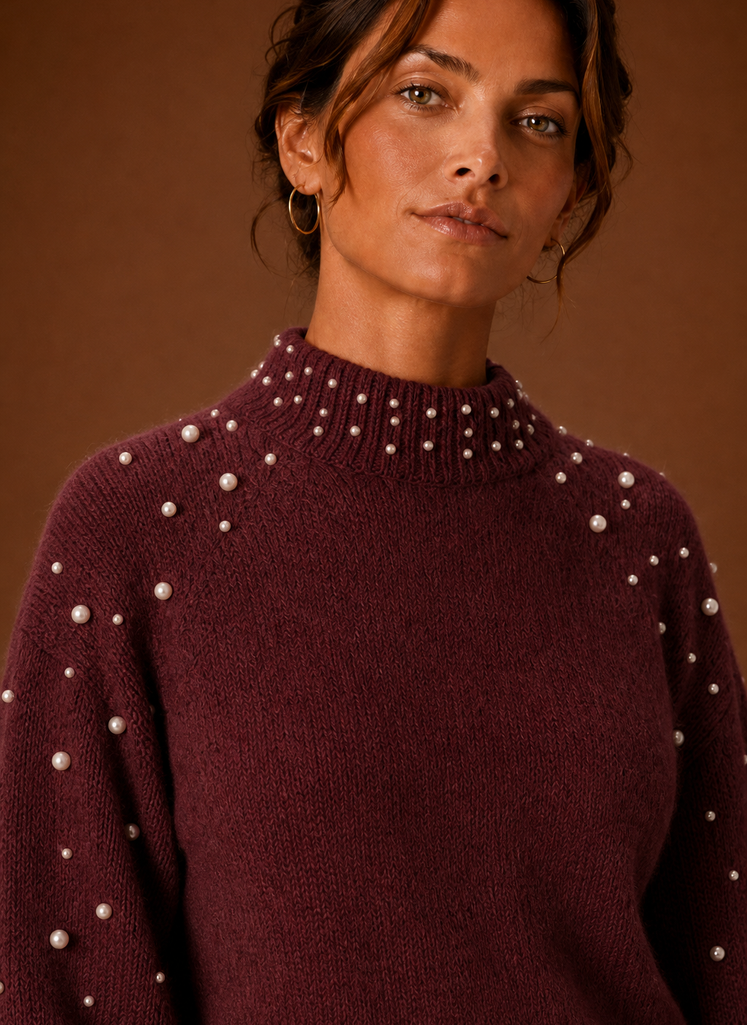 Women's Pearl Embellished Knit Pullover Sweater with Mock Neck and Ribbed Hem