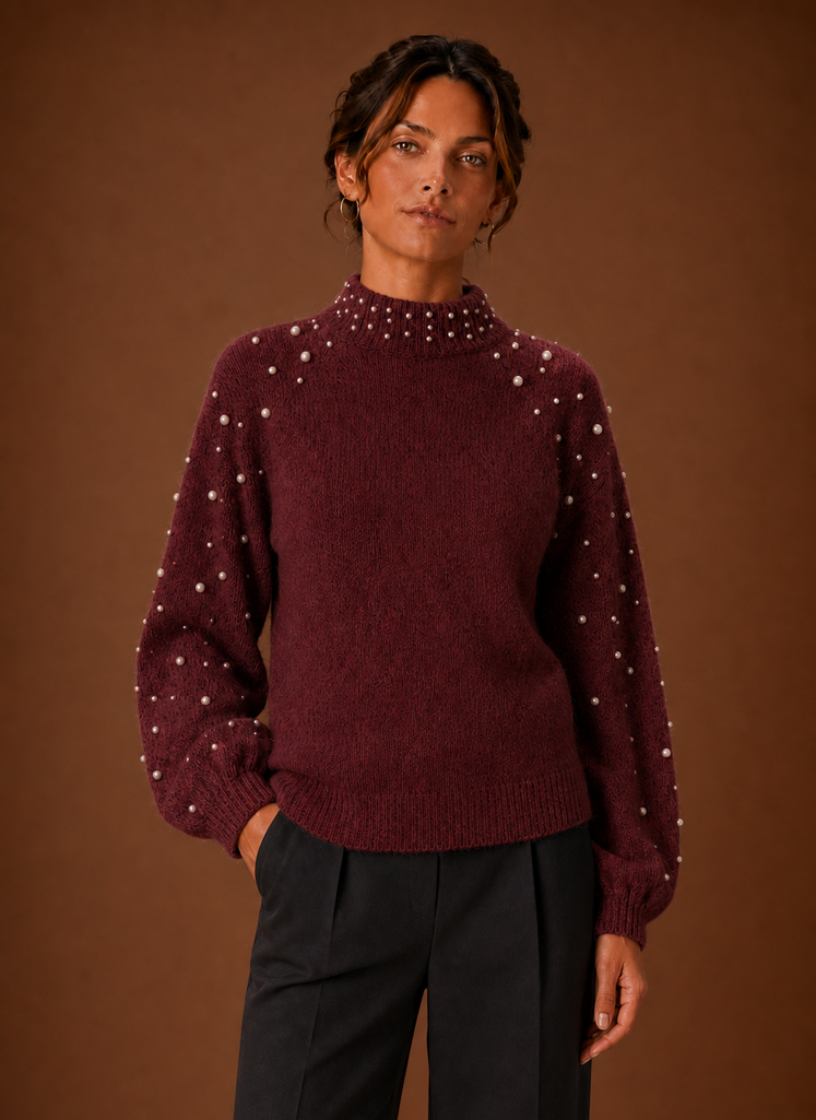Women's Pearl Embellished Knit Pullover Sweater with Mock Neck and Ribbed Hem