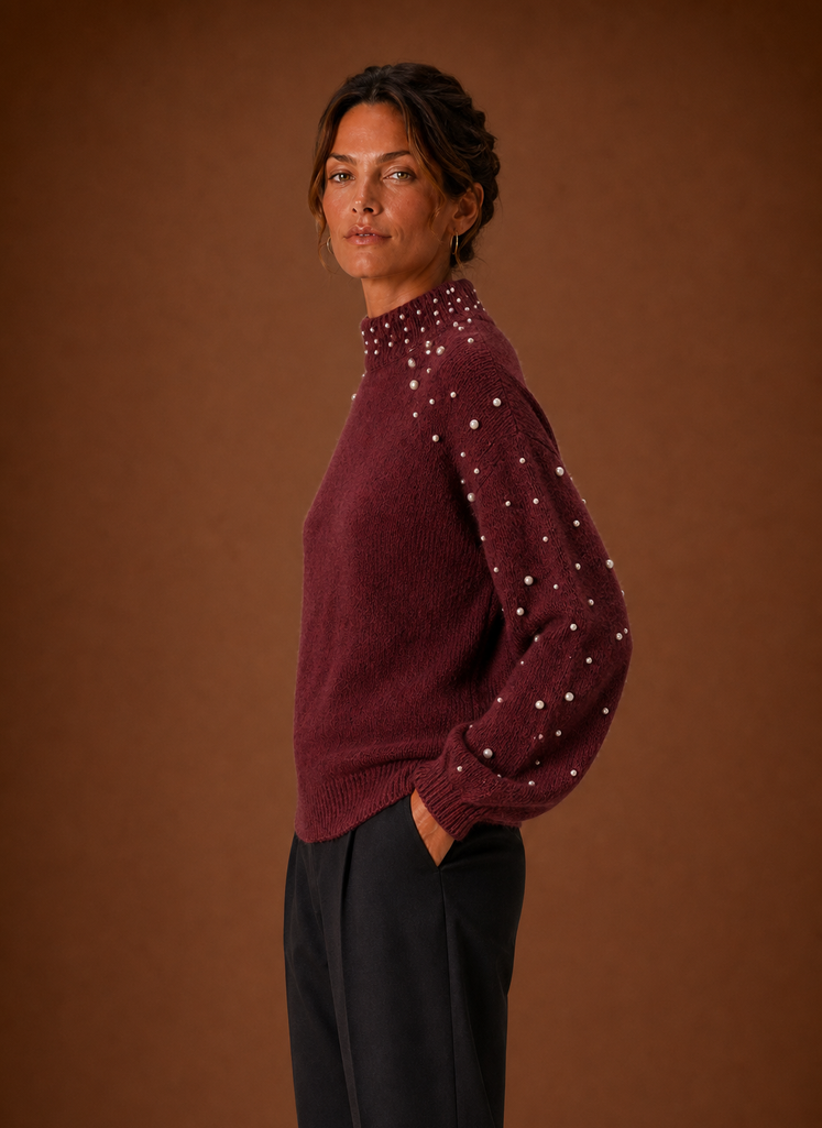 Women's Pearl Embellished Knit Pullover Sweater with Mock Neck and Ribbed Hem