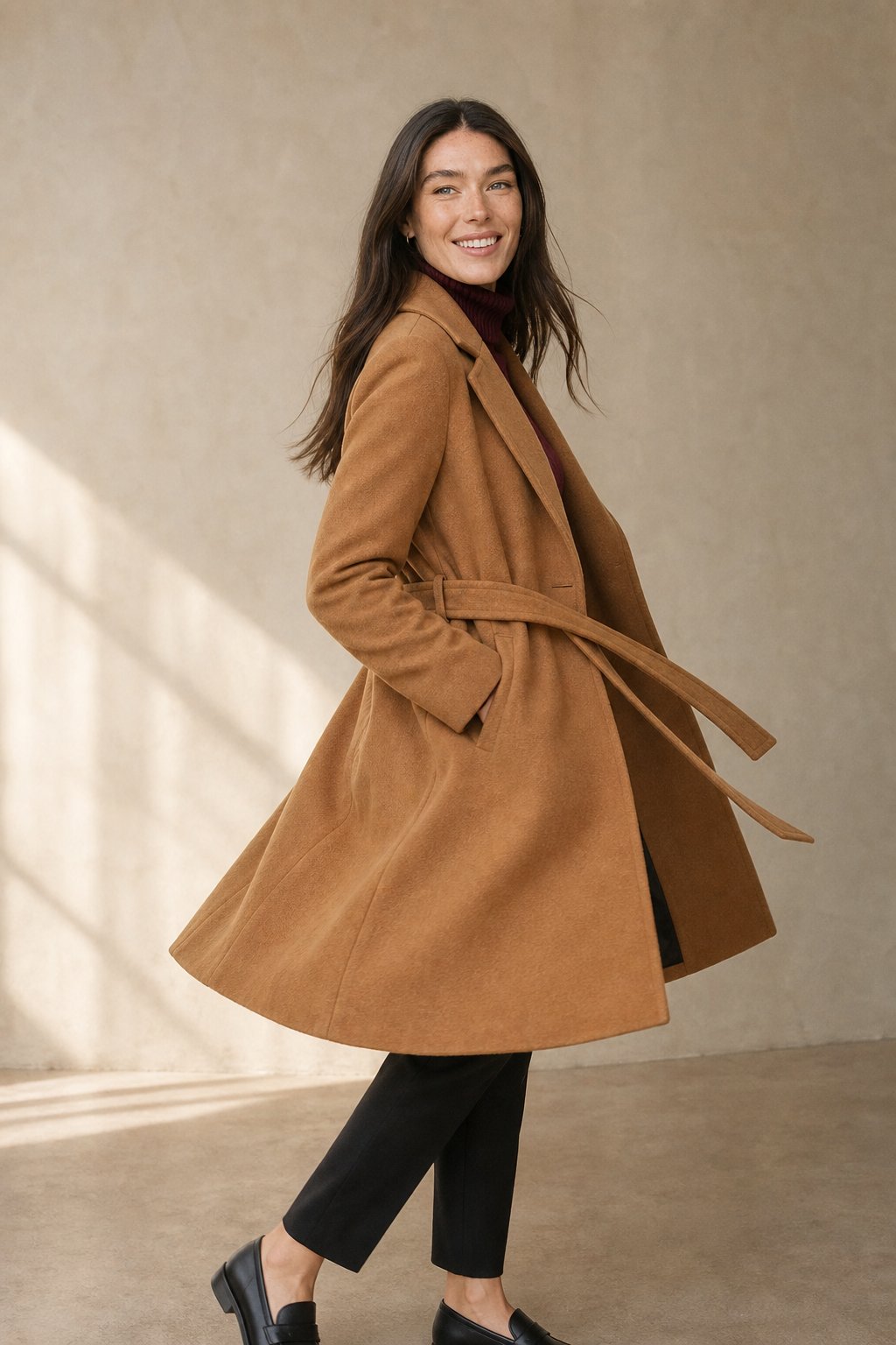 Women's Wool Blend Coat with Tie Belt and Notch Lapel