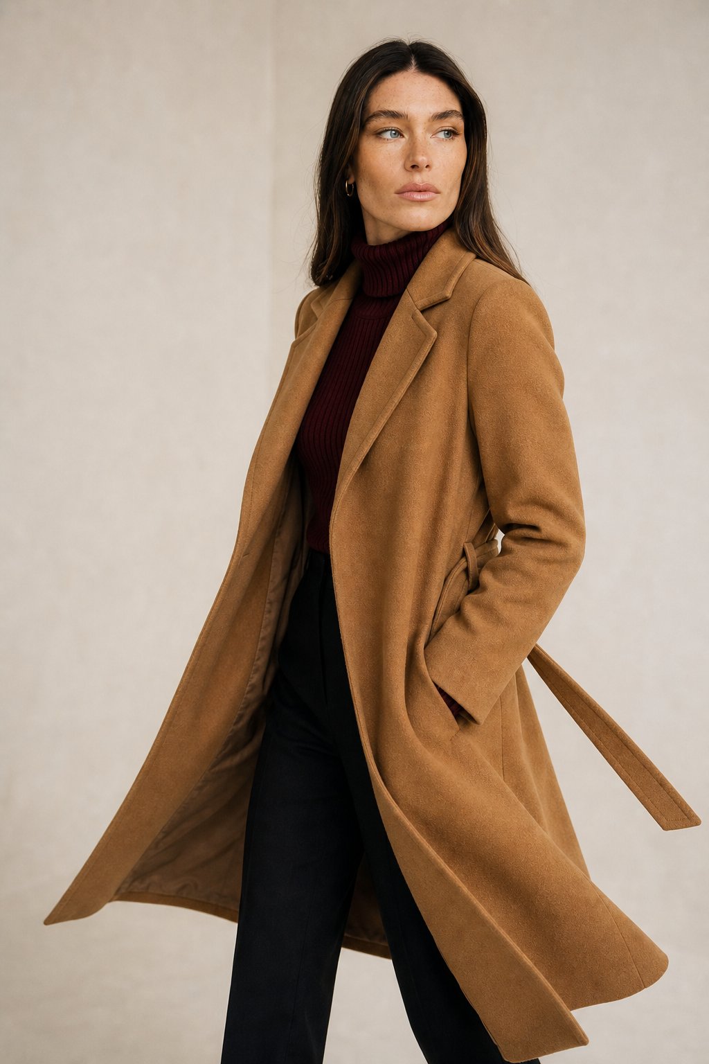 Women's Wool Blend Coat with Tie Belt and Notch Lapel