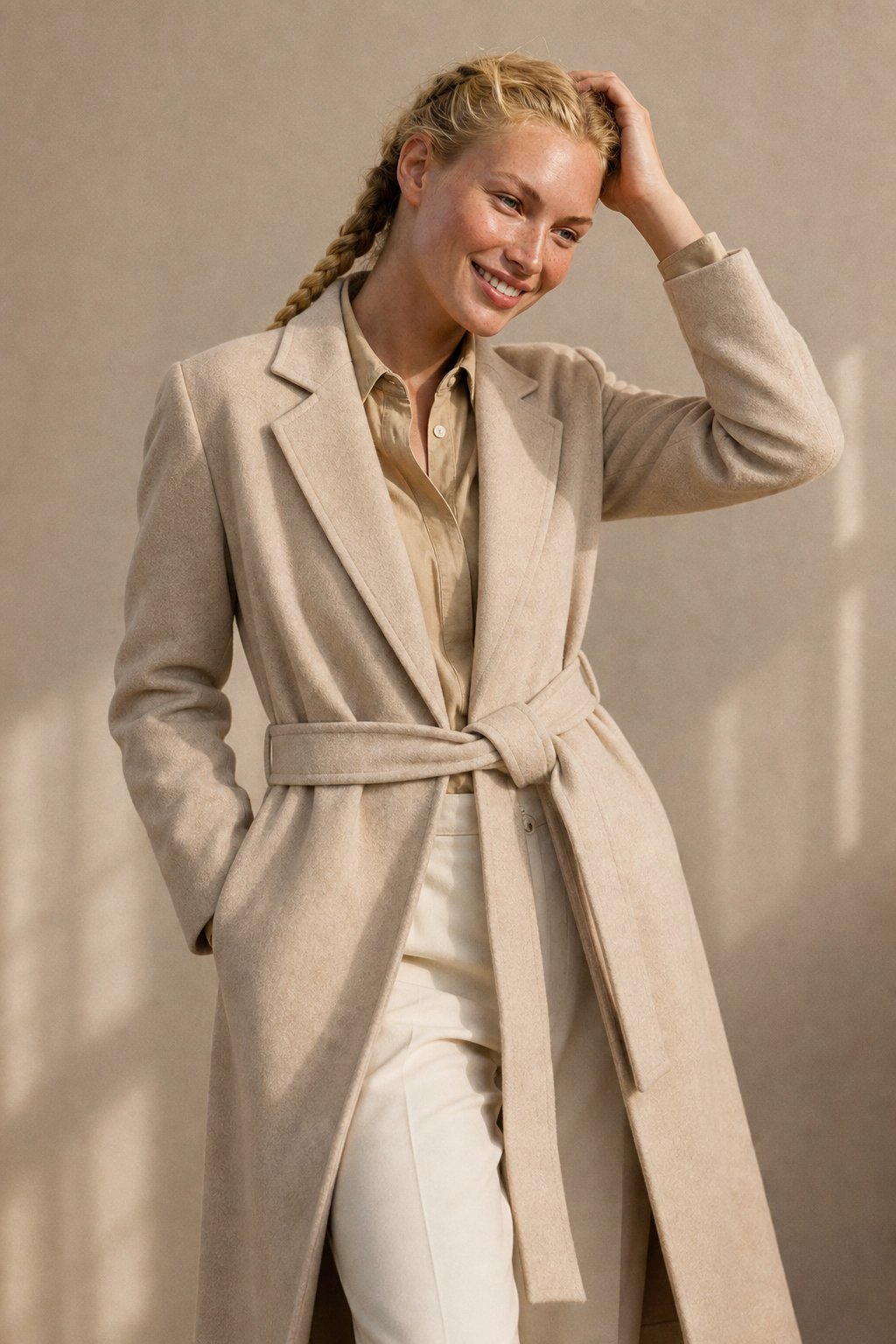 Women's Wool Blend Coat with Tie Belt and Notch Lapel
